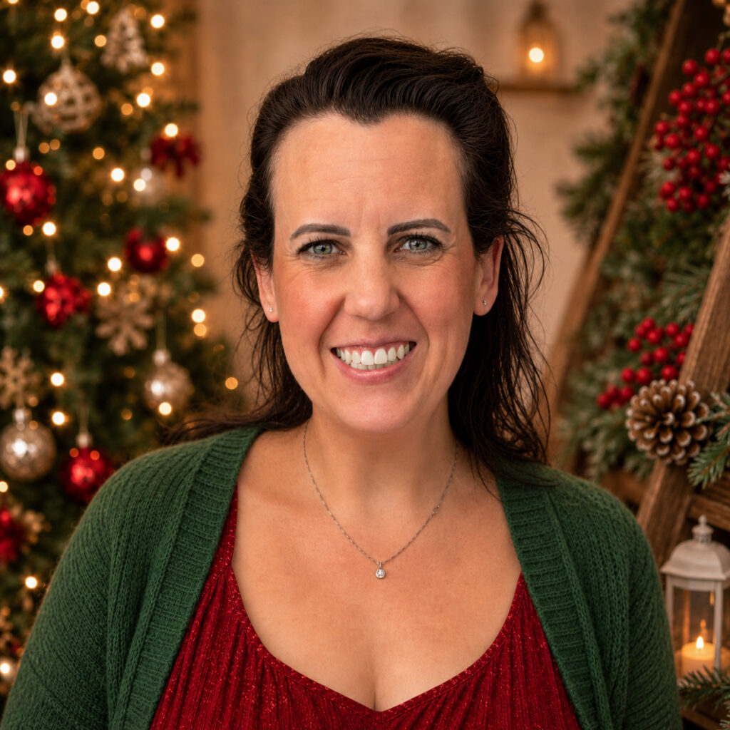 miling woman with dark hair wearing a red shimmer top and green cardigan, standing in front of a warmly lit Christmas background with decorated trees, red ornaments, greenery, pinecones, and glowing holiday lights.
